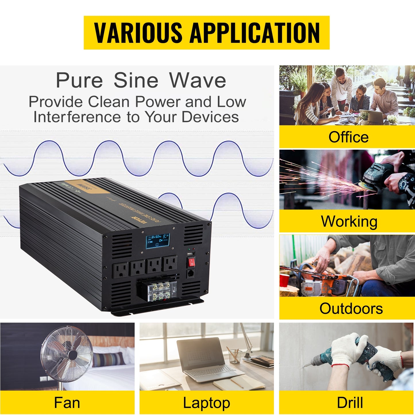 Sine Wave Power Inverter 12V DC to 120V AC . Powers TVs, Laptops, and Fans,