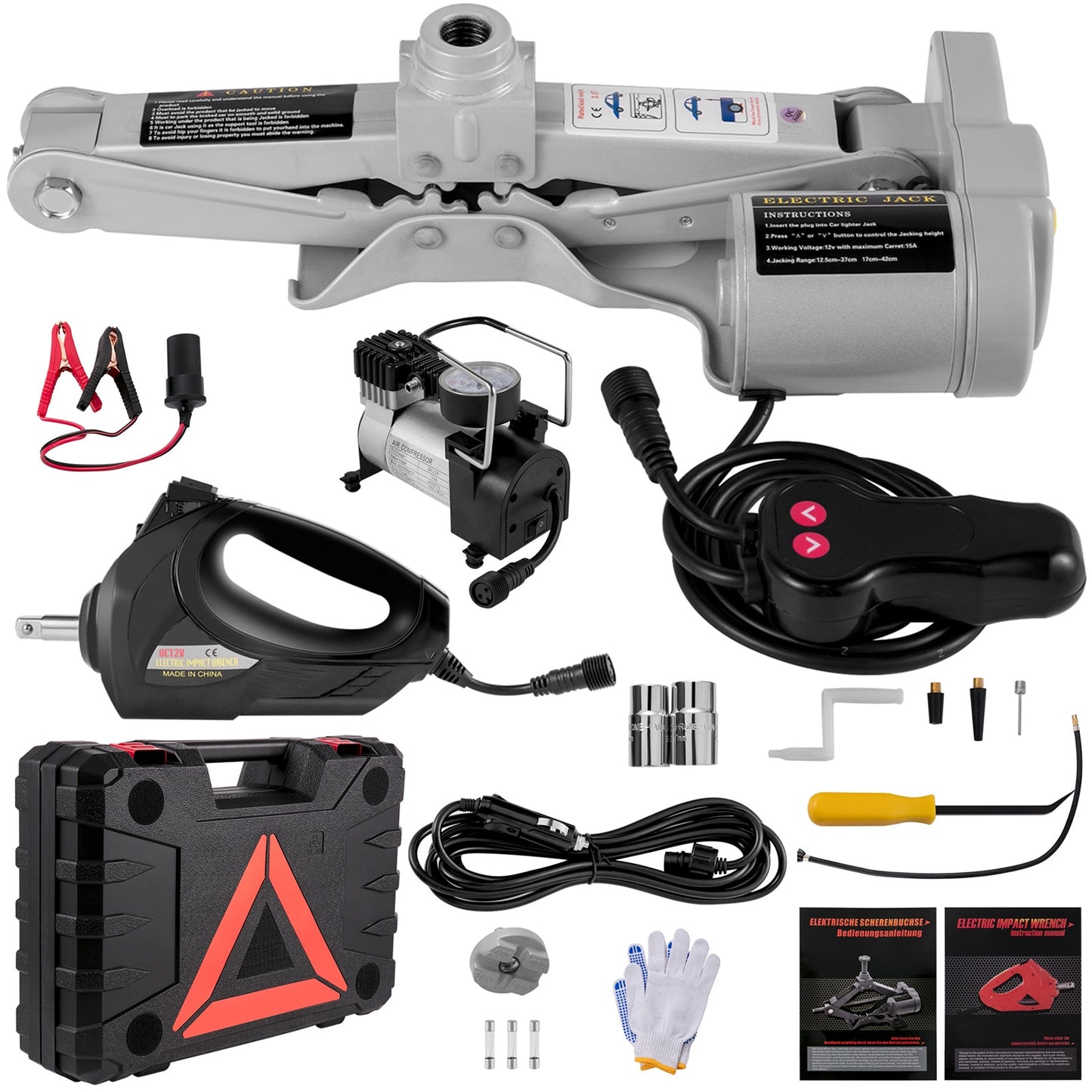 3 Ton Electric Car Jack Lifting Car Scissors Floor Jacks Kit W/ Impact Wrench Air Pump