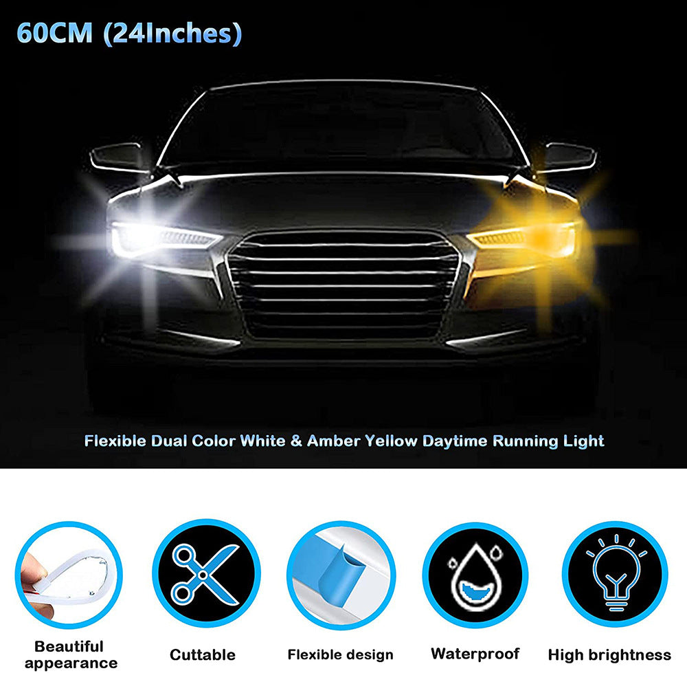 2pcs Car LED DRL Daytime Night Running Light Waterproof Flexible Universal Car Flowing Turning Signal Light Brake LED Strip Lamp