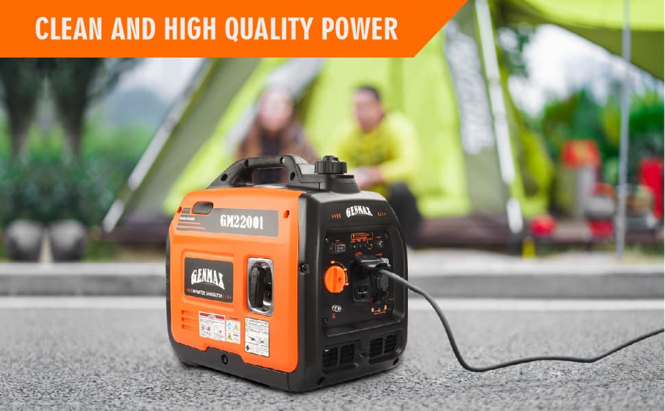 GENMAX Portable Inverter Generator 2200W ultra-quiet gas engine.