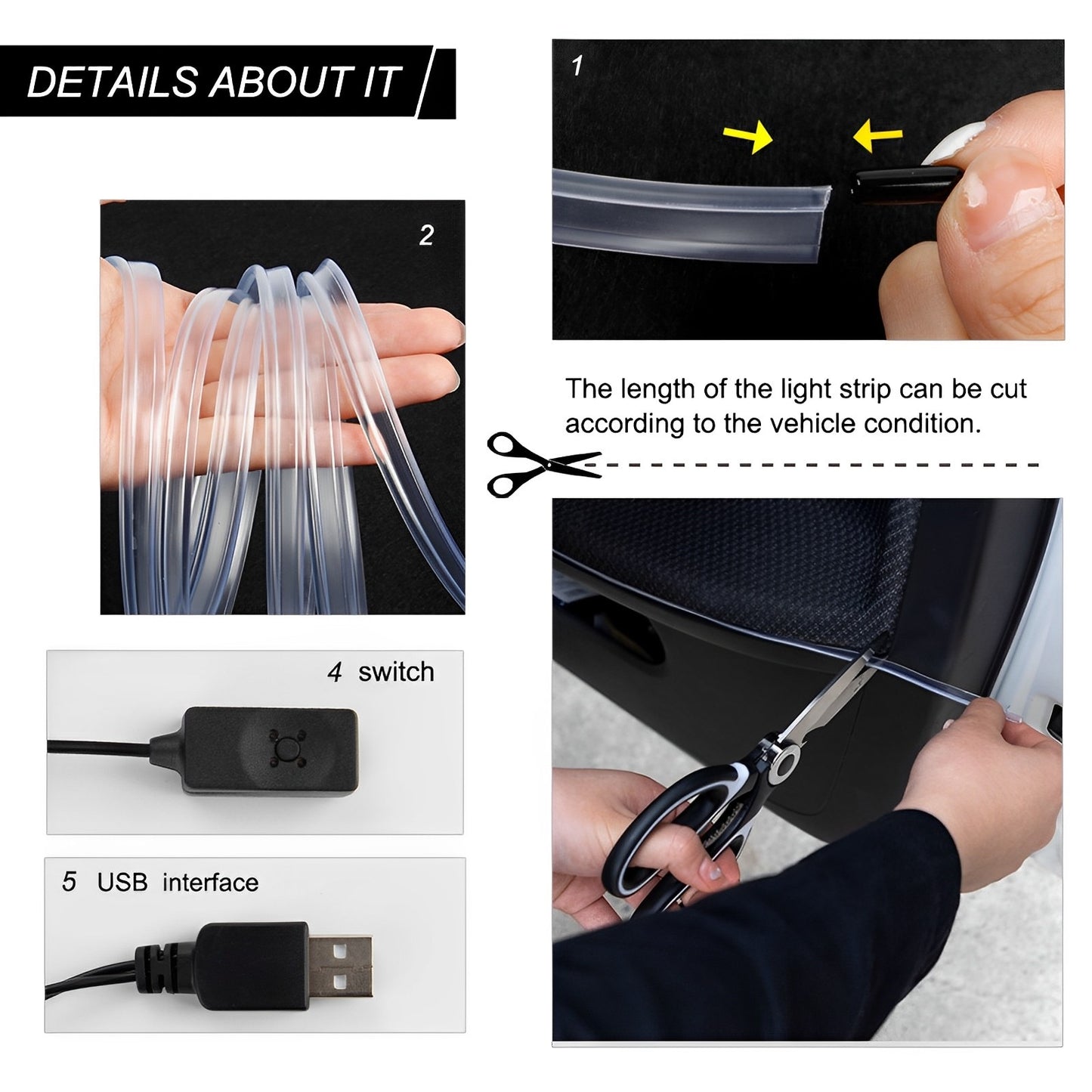 Car Interior LED Light Strip 4m Remote Control 7Color LED RGB Light