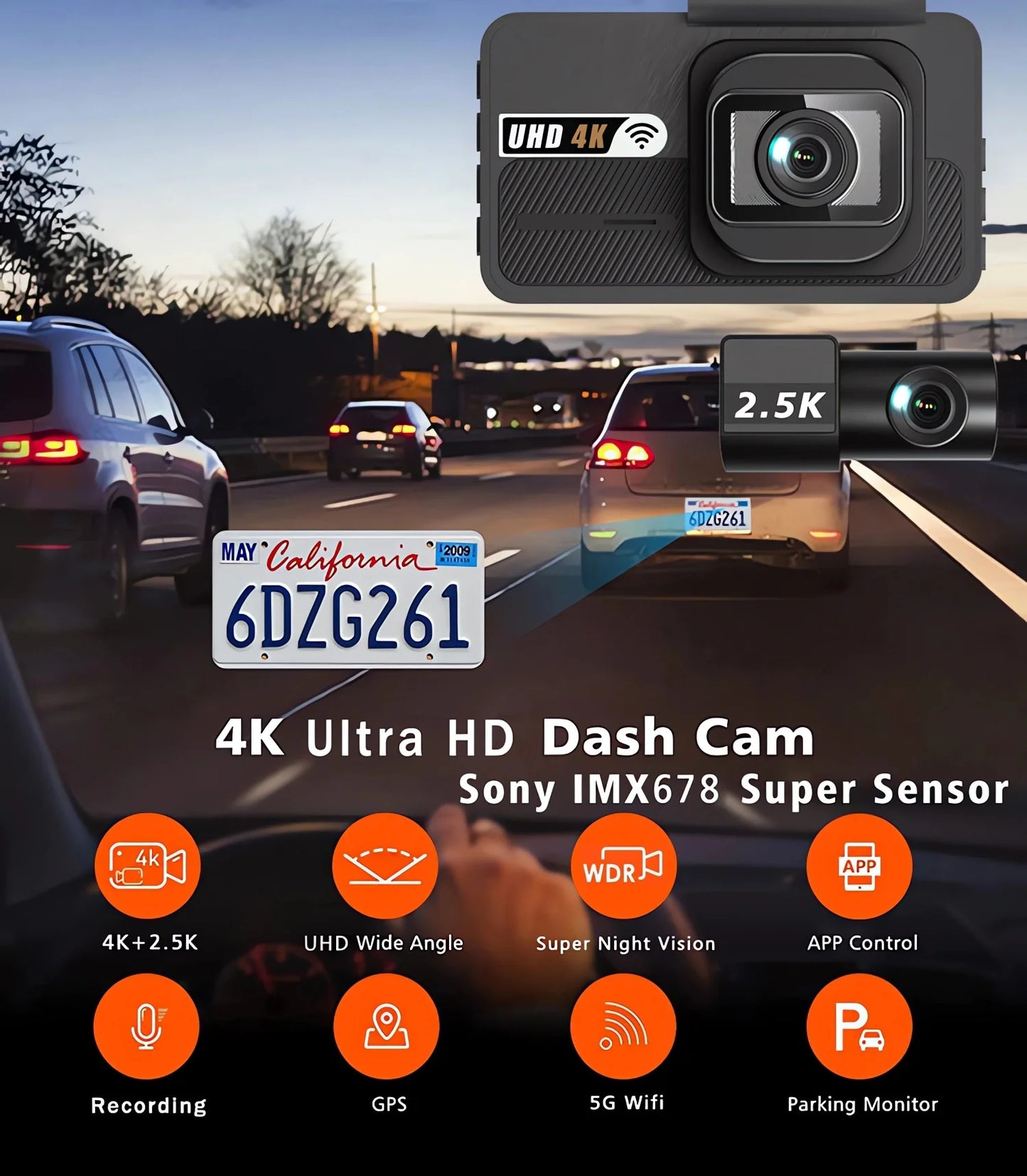 Dash Cam UHD 3840*2160P 4K + 2.5K Dual Lens Car DVR with ADAS 5G WiFi GPS Black Box Video Drive Recorder WDR/HDR Night Vision