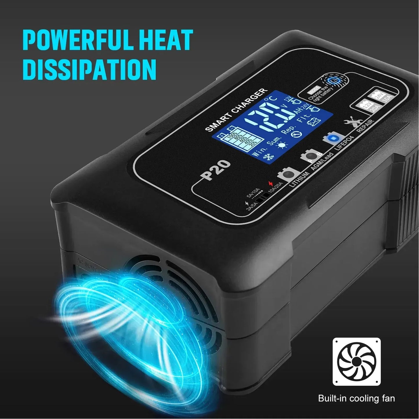 15A/20A Smart Battery Charger for Lead-Acid and Lithium. Batteries