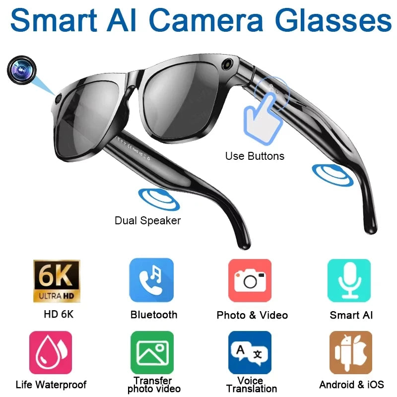 Xiaomi 6k HD Ai Smart Glasses Camera Wearable Mini Camera Bluetooth Call Voice Assistant Control Smart Sports Camera Glasses