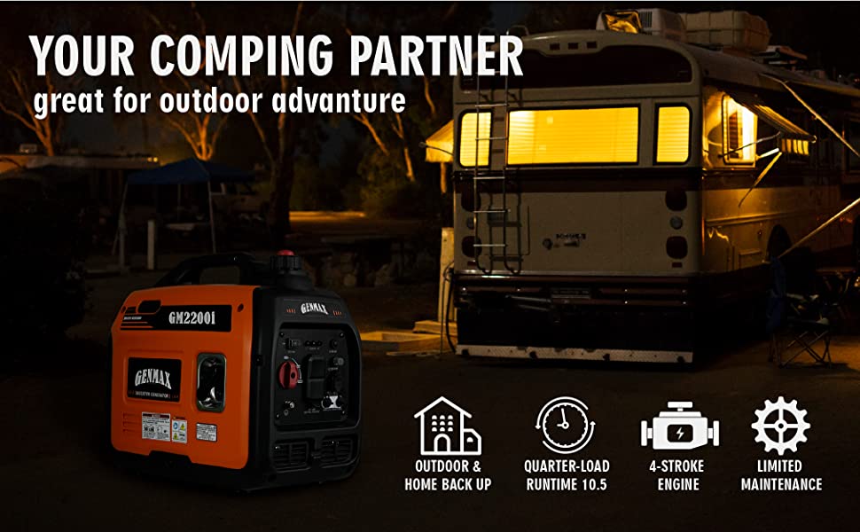 GENMAX Portable Inverter Generator 2200W ultra-quiet gas engine.