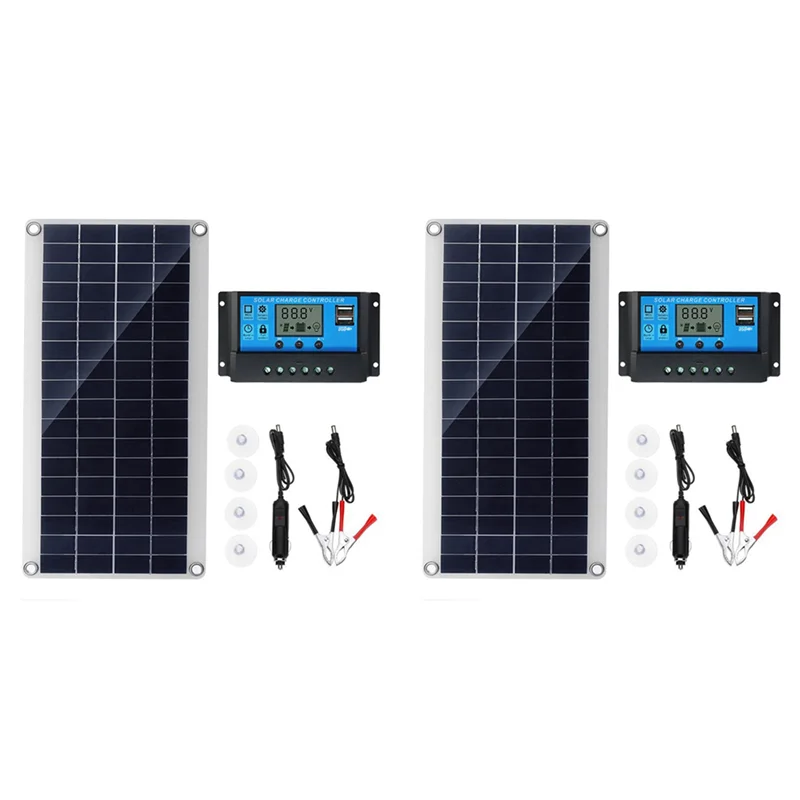 AA81-2X 30W Flexible Solar Panel Solar Cells For Car RV Boat Home Roof Van Camping Solar Battery, 10A Solar Controller Module