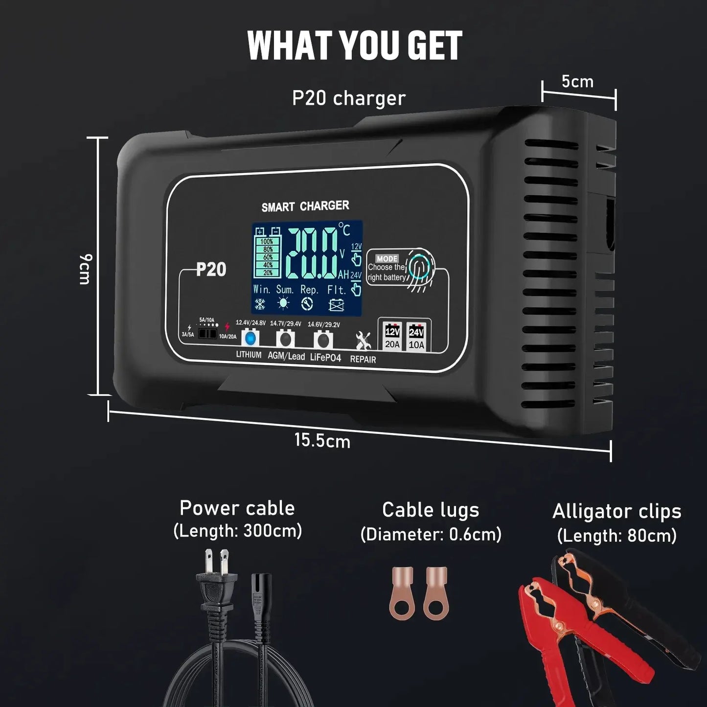 15A/20A Smart Battery Charger for Lead-Acid and Lithium. Batteries