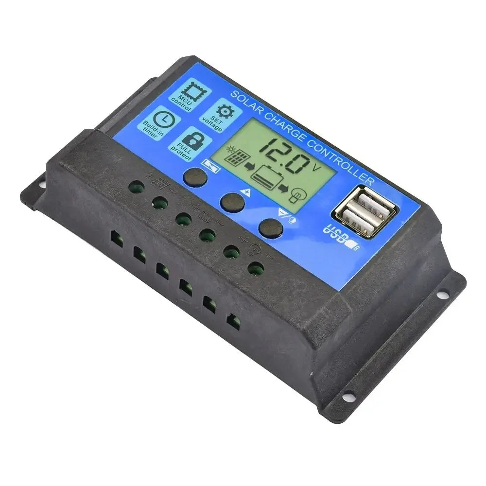 Solar Charge Controller 12V/24V 30A/20A/10A Auto LCD Dual USB 5V Output Photovoltaic Panel Regulator Load Discharger for Renewable Energy Systems