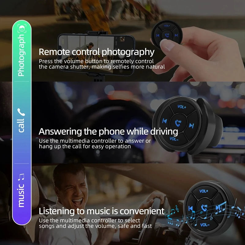 Wireless Bluetooth Remote Controller
for Car, Motorcycle, Bike, Media Button, MP3 Music Player,
For iOS and Android Phone and Tablets.