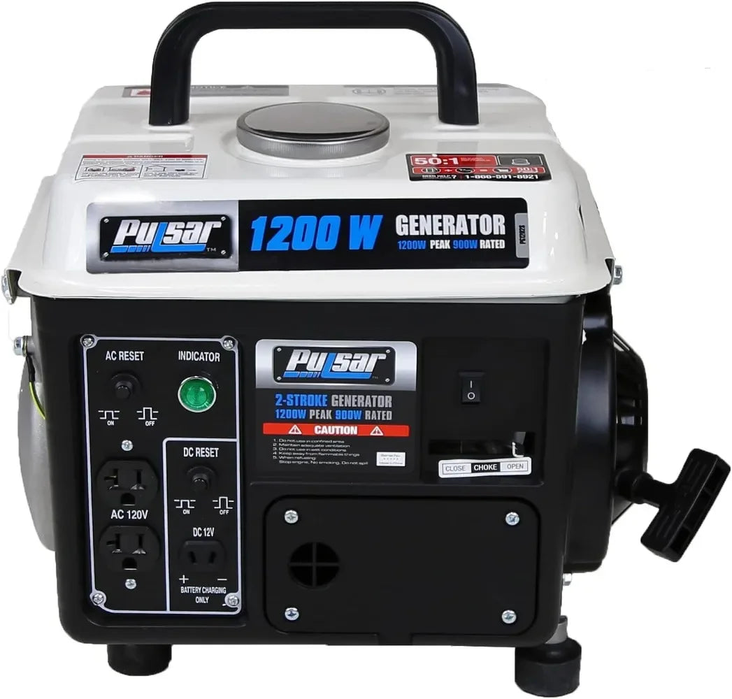 Gas-Powered Portable Generator, 1200 Watts PG1202SA Black/White, Carrying Handle,