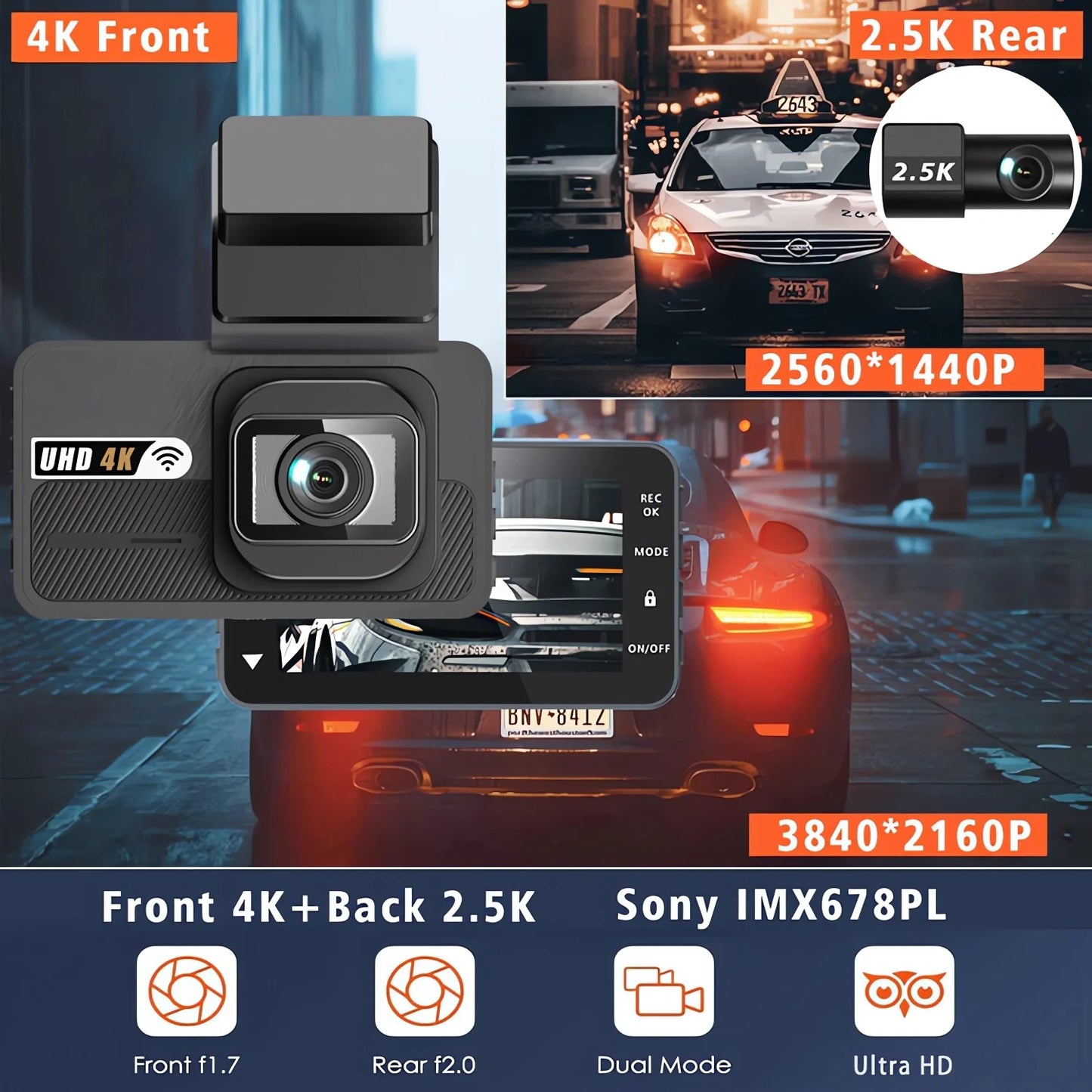 Dash Cam UHD 3840*2160P 4K + 2.5K Dual Lens Car DVR with ADAS 5G WiFi GPS Black Box Video Drive Recorder WDR/HDR Night Vision