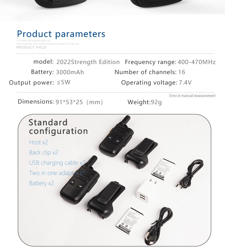 Walkie Talkie Rechargeable Battery Thin Uhf Wireless 16 Channel.