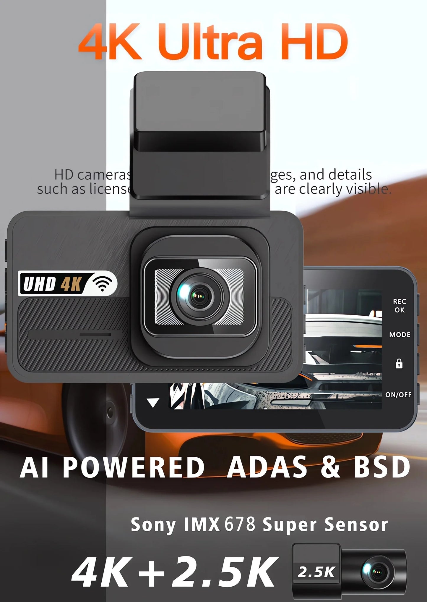 Dash Cam UHD 3840*2160P 4K + 2.5K Dual Lens Car DVR with ADAS 5G WiFi GPS Black Box Video Drive Recorder WDR/HDR Night Vision