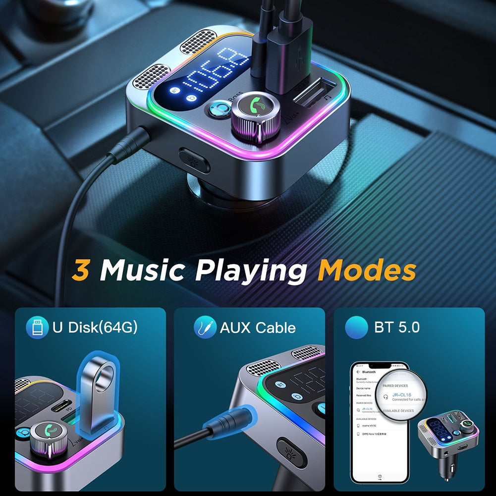 Bluetooth-compatible 5.0 FM Transmitter Adapter Deep Bass Sound Car Wireless Transmitter