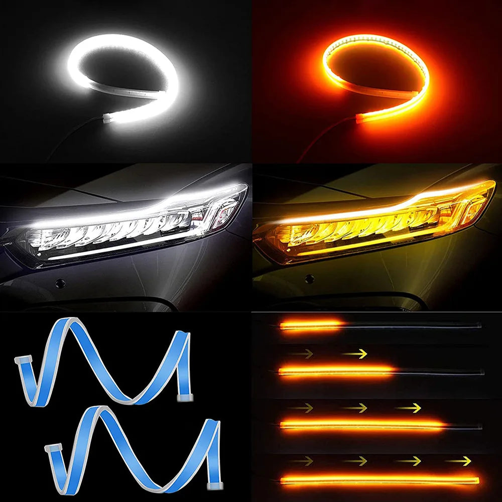 2pcs Car LED DRL Daytime Night Running Light Waterproof Flexible Universal Car Flowing Turning Signal Light Brake LED Strip Lamp