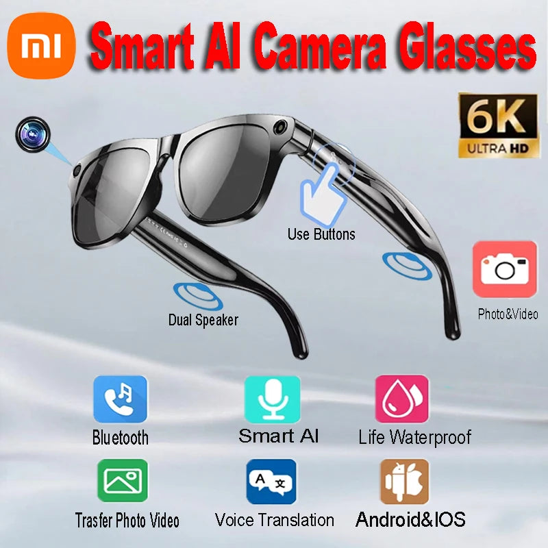 Xiaomi 6k HD Ai Smart Glasses Camera Wearable Mini Camera Bluetooth Call Voice Assistant Control Smart Sports Camera Glasses