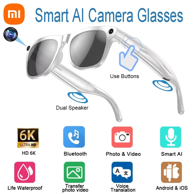 Xiaomi 6k HD Ai Smart Glasses Camera Wearable Mini Camera Bluetooth Call Voice Assistant Control Smart Sports Camera Glasses