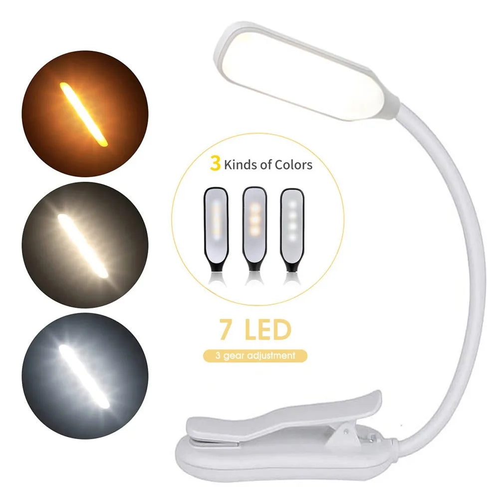 LED Book Light USB Rechargeable Reading Light 3-Level Warm Cool White Daylight Portable Flexible Easy Clip Night Reading Lamp