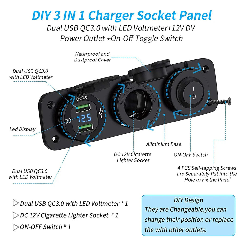 12V Cigarette Lighter Socket 3 in 1 Waterproof Car Dual QC3.0 USB Outlet Panel for RV Marine Boat Power Socket Charger Socket