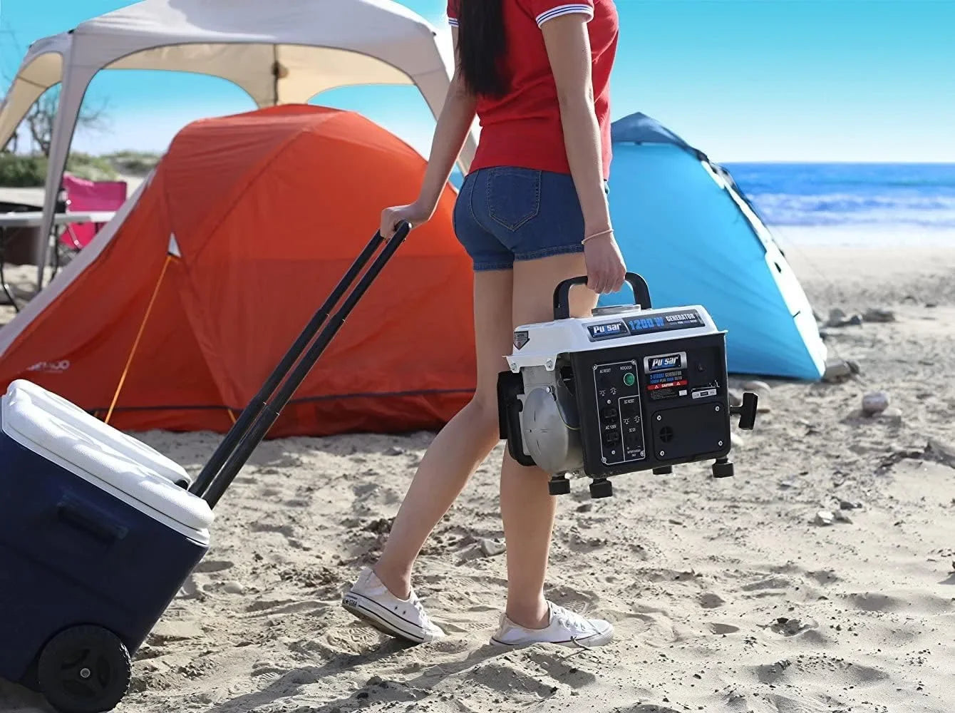 Gas-Powered Portable Generator, 1200 Watts PG1202SA Black/White, Carrying Handle,