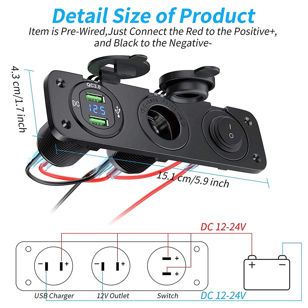 12V Cigarette Lighter Socket 3 in 1 Waterproof Car Dual QC3.0 USB Outlet Panel for RV Marine Boat Power Socket Charger Socket