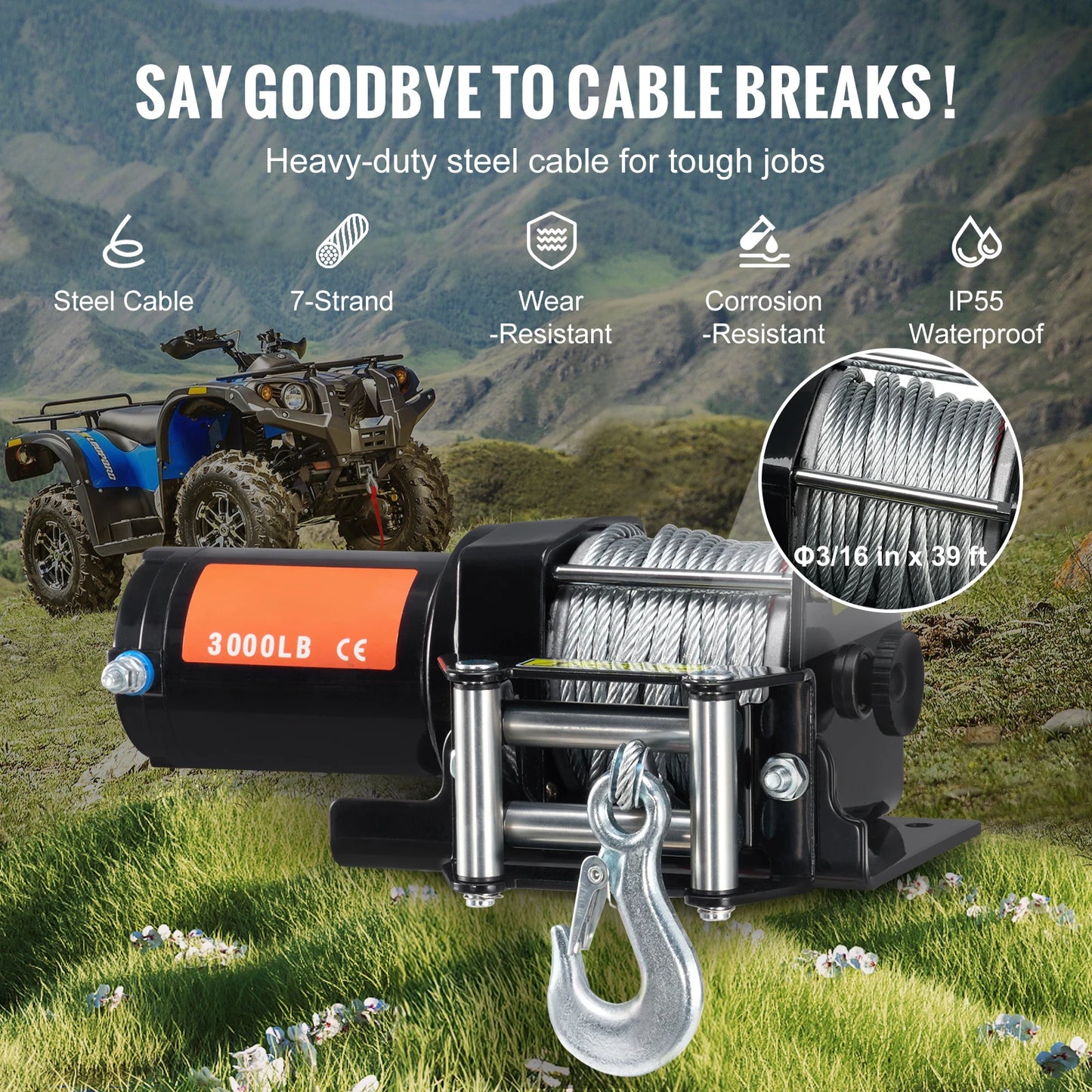 SucceBuy 3000lbs ATV/UTV Electric Winch 12V DC Steel Rope Winch with 39ft Cable Roller Wired Remote Control for Towing Off-Road