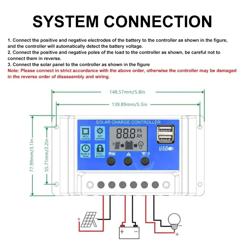 Solar Charge Controller 12V/24V 30A/20A/10A Auto LCD Dual USB 5V Output Photovoltaic Panel Regulator Load Discharger for Renewable Energy Systems
