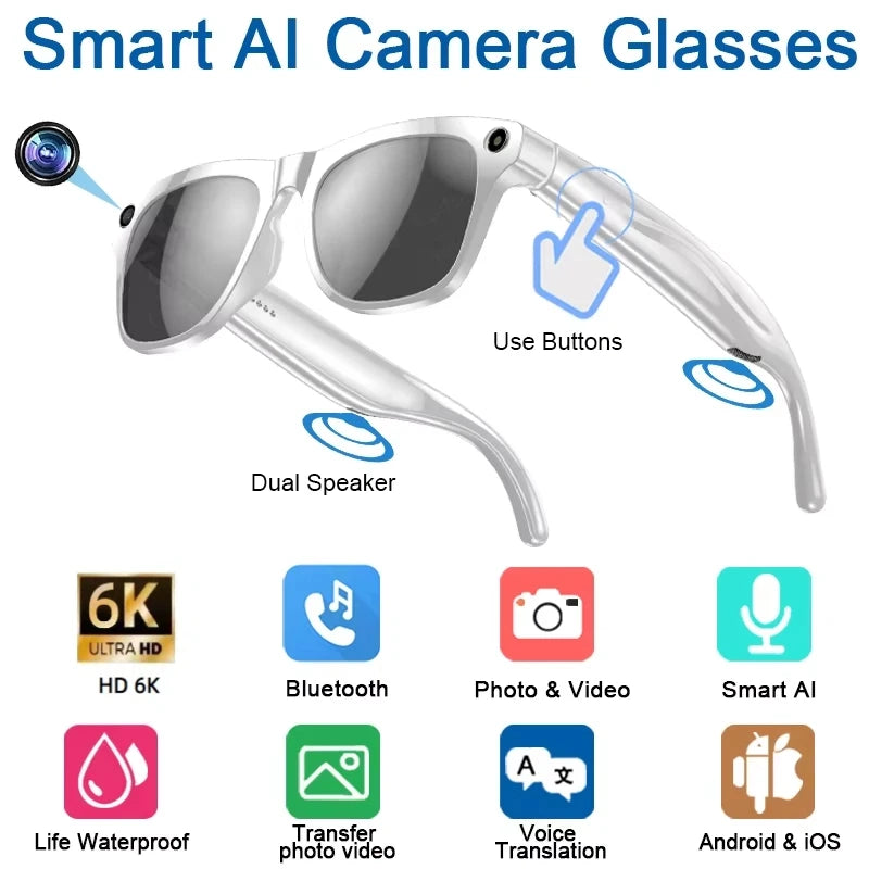 Xiaomi 6k HD Ai Smart Glasses Camera Wearable Mini Camera Bluetooth Call Voice Assistant Control Smart Sports Camera Glasses