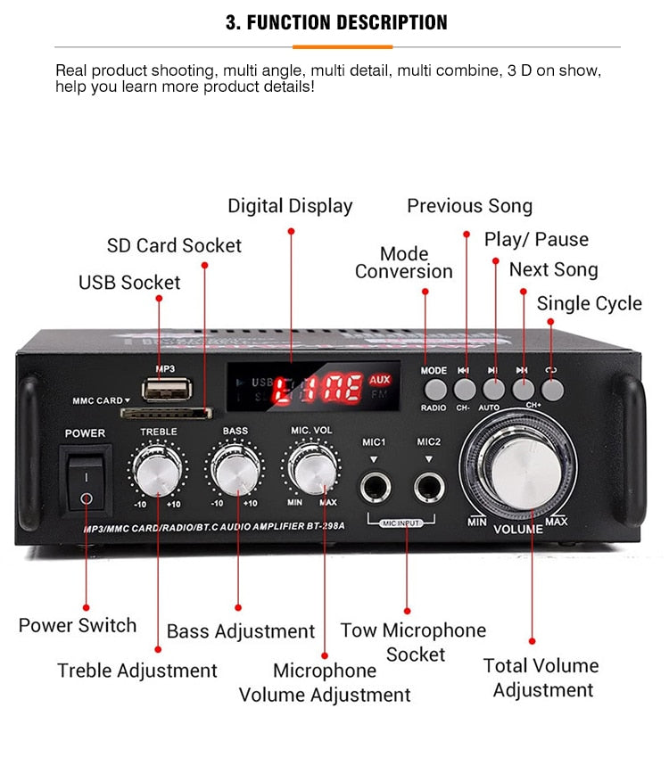 Digital Stereo Amplifier. BT-298A and Bluetooth.