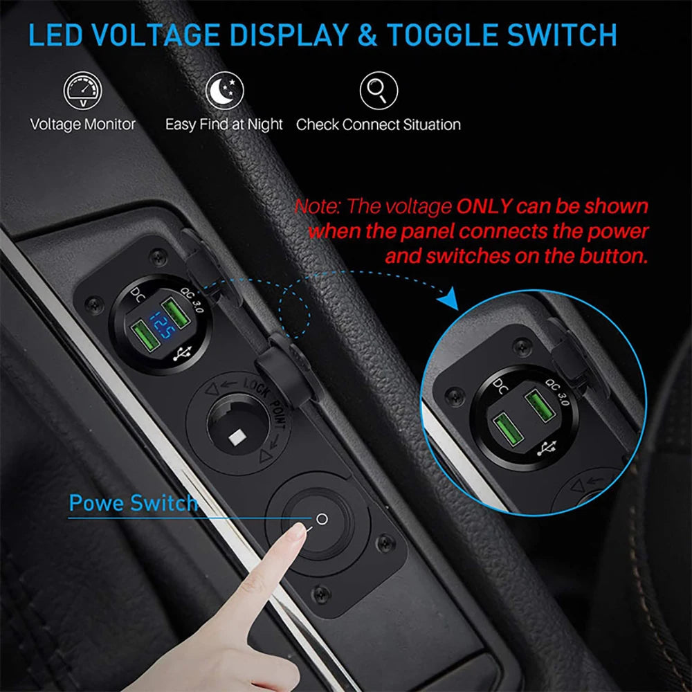 12V Cigarette Lighter Socket 3 in 1 Waterproof Car Dual QC3.0 USB Outlet Panel for RV Marine Boat Power Socket Charger Socket