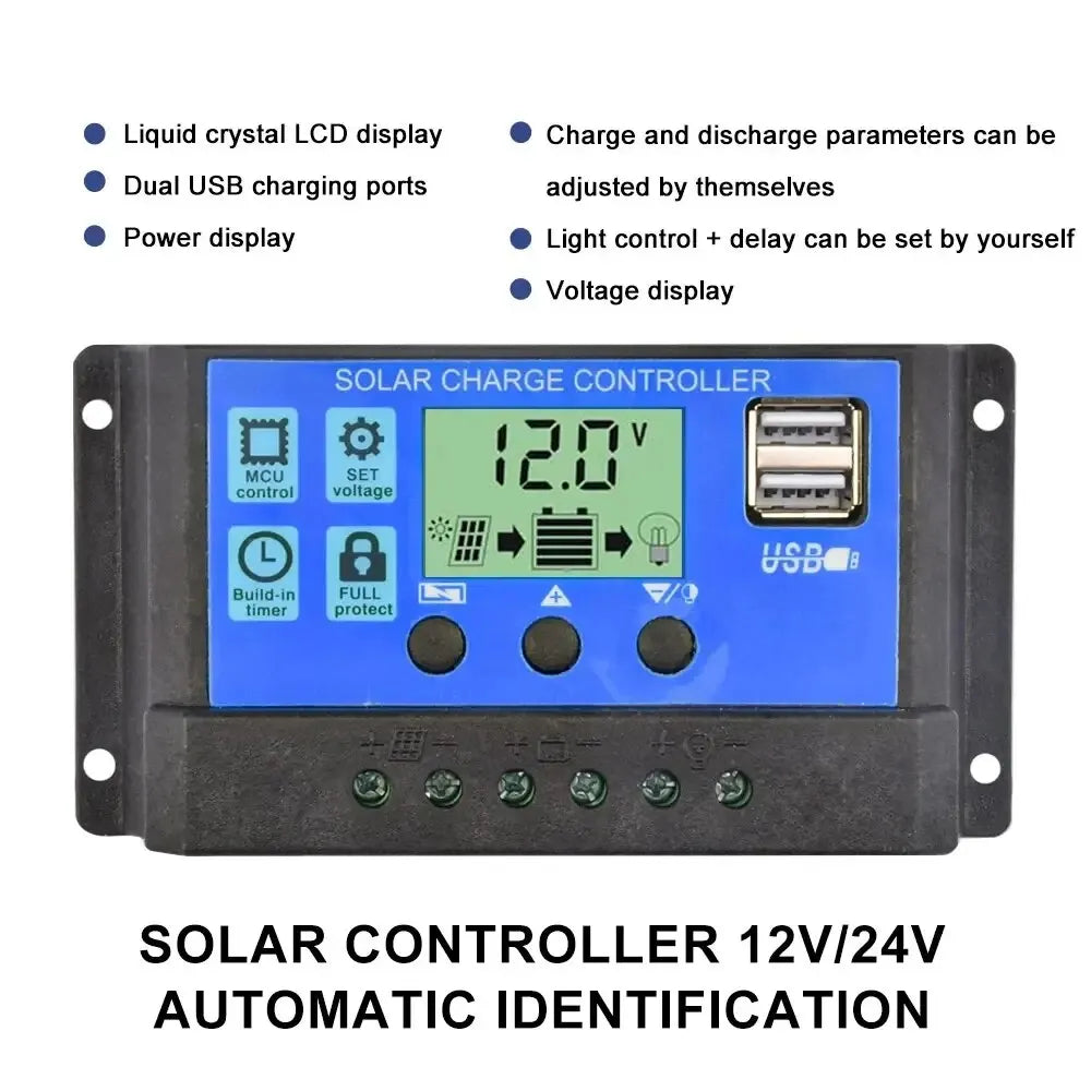 Solar Charge Controller 12V/24V 30A/20A/10A Auto LCD Dual USB 5V Output Photovoltaic Panel Regulator Load Discharger for Renewable Energy Systems