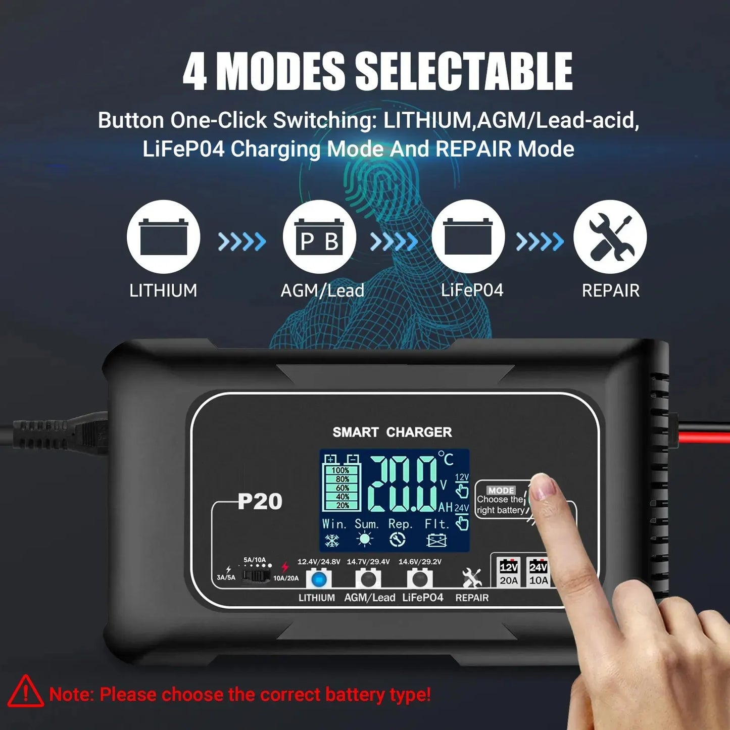 15A/20A Smart Battery Charger for Lead-Acid and Lithium. Batteries