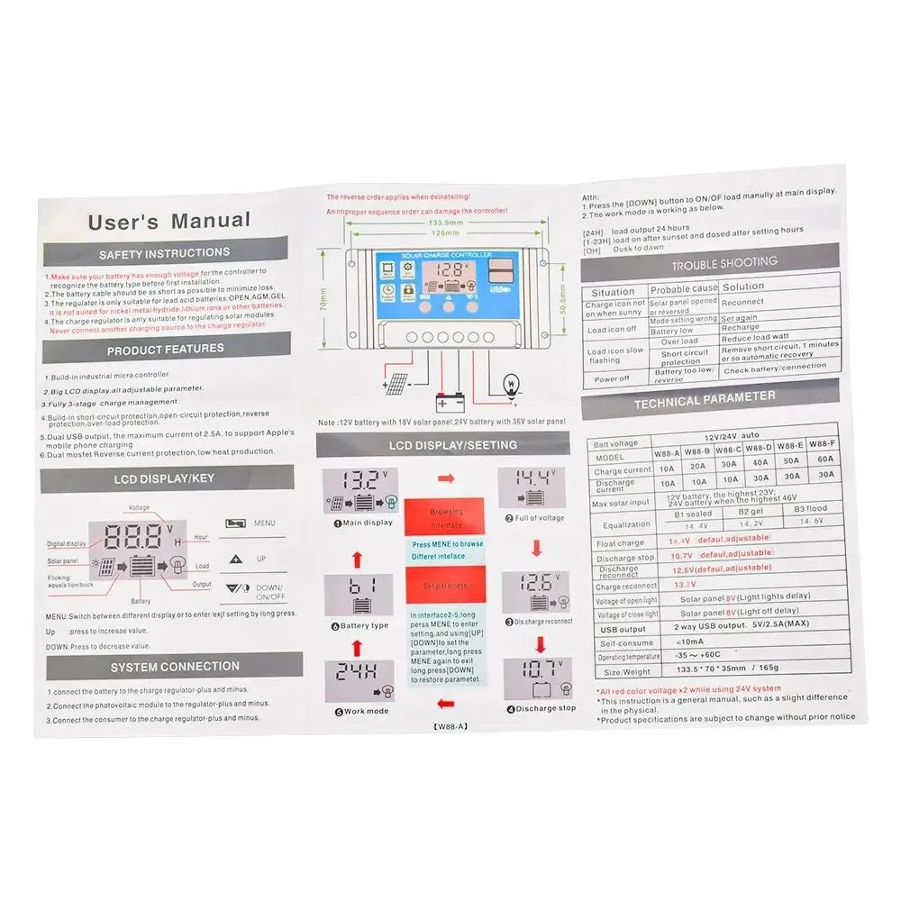 Solar Charge Controller 12V/24V 30A/20A/10A Auto LCD Dual USB 5V Output Photovoltaic Panel Regulator Load Discharger for Renewable Energy Systems
