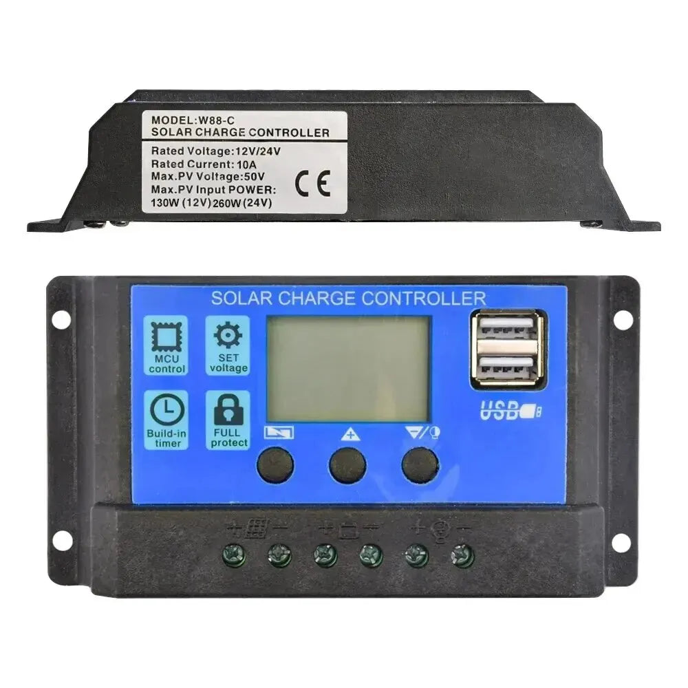 Solar Charge Controller 12V/24V 30A/20A/10A Auto LCD Dual USB 5V Output Photovoltaic Panel Regulator Load Discharger for Renewable Energy Systems