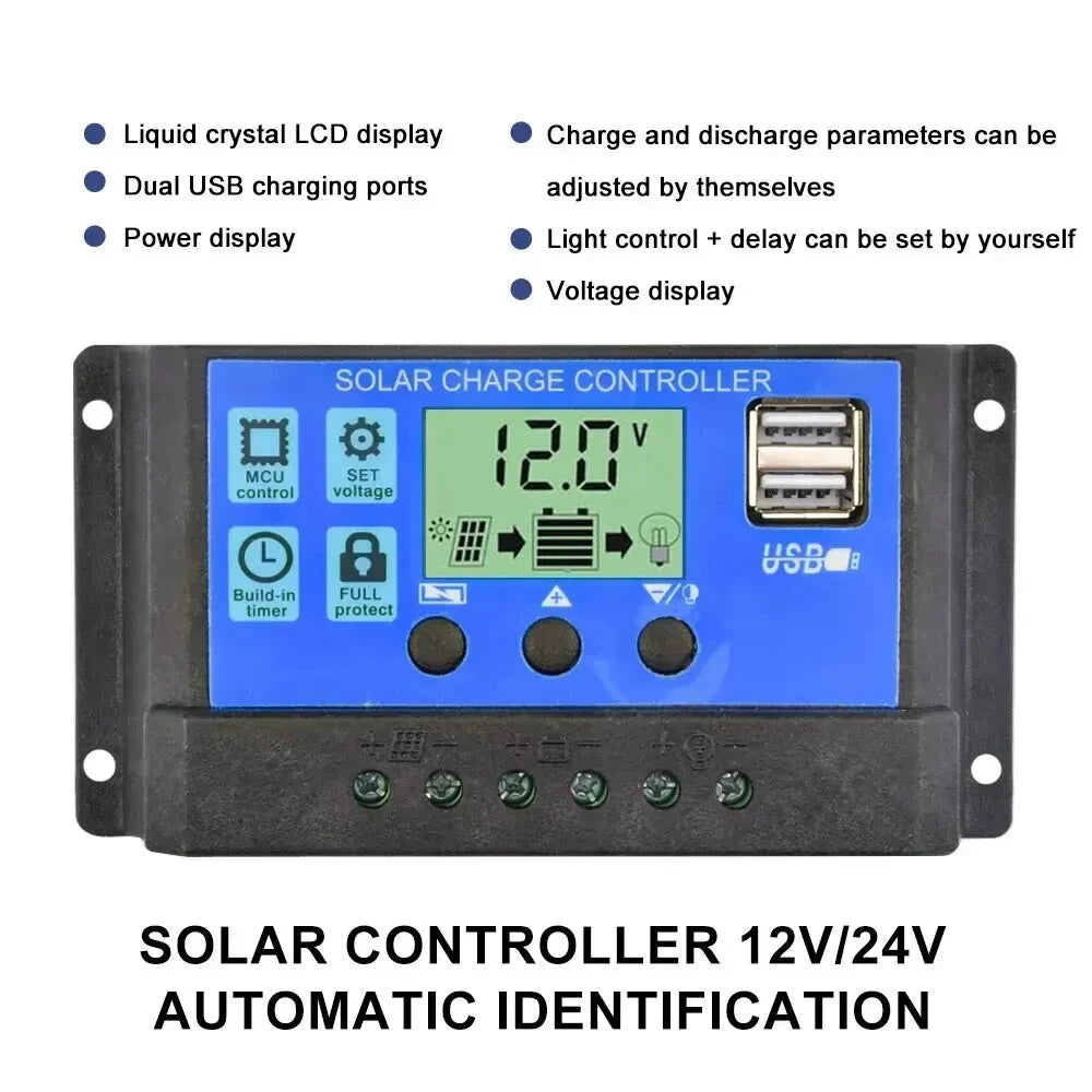Solar Charge Controller 12V/24V 30A/20A/10A Auto LCD Dual USB 5V Output Photovoltaic Panel Regulator Load Discharger for Renewable Energy Systems