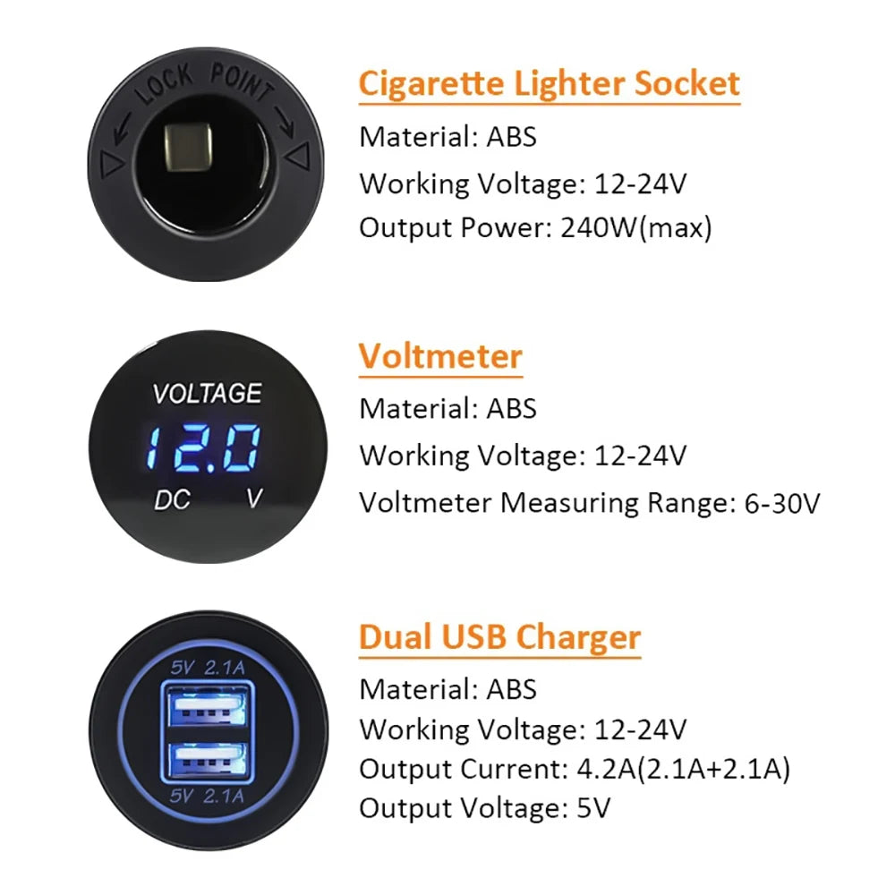 12V USB Panel Socket 4 in 1 Dual USB Charger with Rocker Switch Car Cigarette Lighter Digital Voltmeter for Car Boat Truck RV