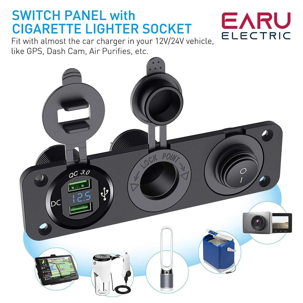 12V Cigarette Lighter Socket 3 in 1 Waterproof Car Dual QC3.0 USB Outlet Panel for RV Marine Boat Power Socket Charger Socket