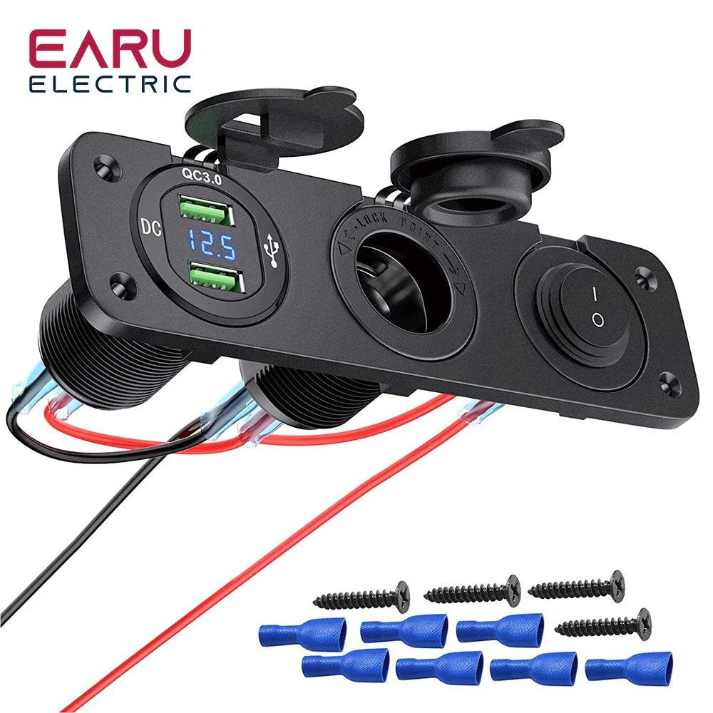 12V Cigarette Lighter Socket 3 in 1 Waterproof Car Dual QC3.0 USB Outlet Panel for RV Marine Boat Power Socket Charger Socket