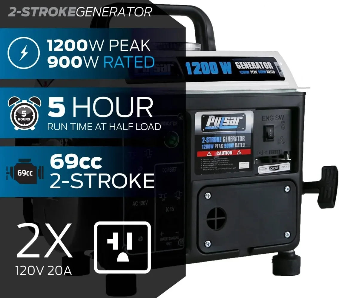 Gas-Powered Portable Generator, 1200 Watts PG1202SA Black/White, Carrying Handle,