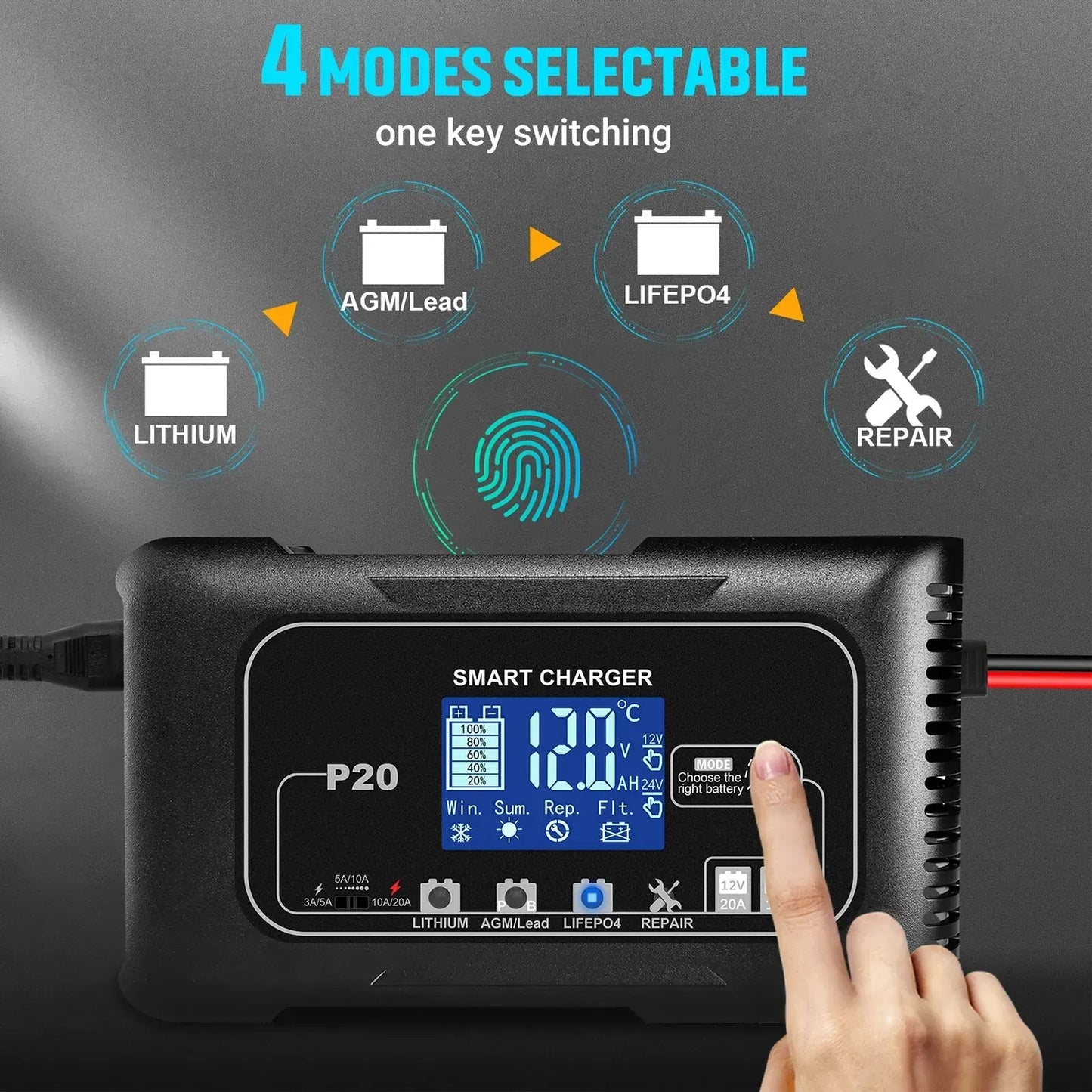 15A/20A Smart Battery Charger for Lead-Acid and Lithium. Batteries