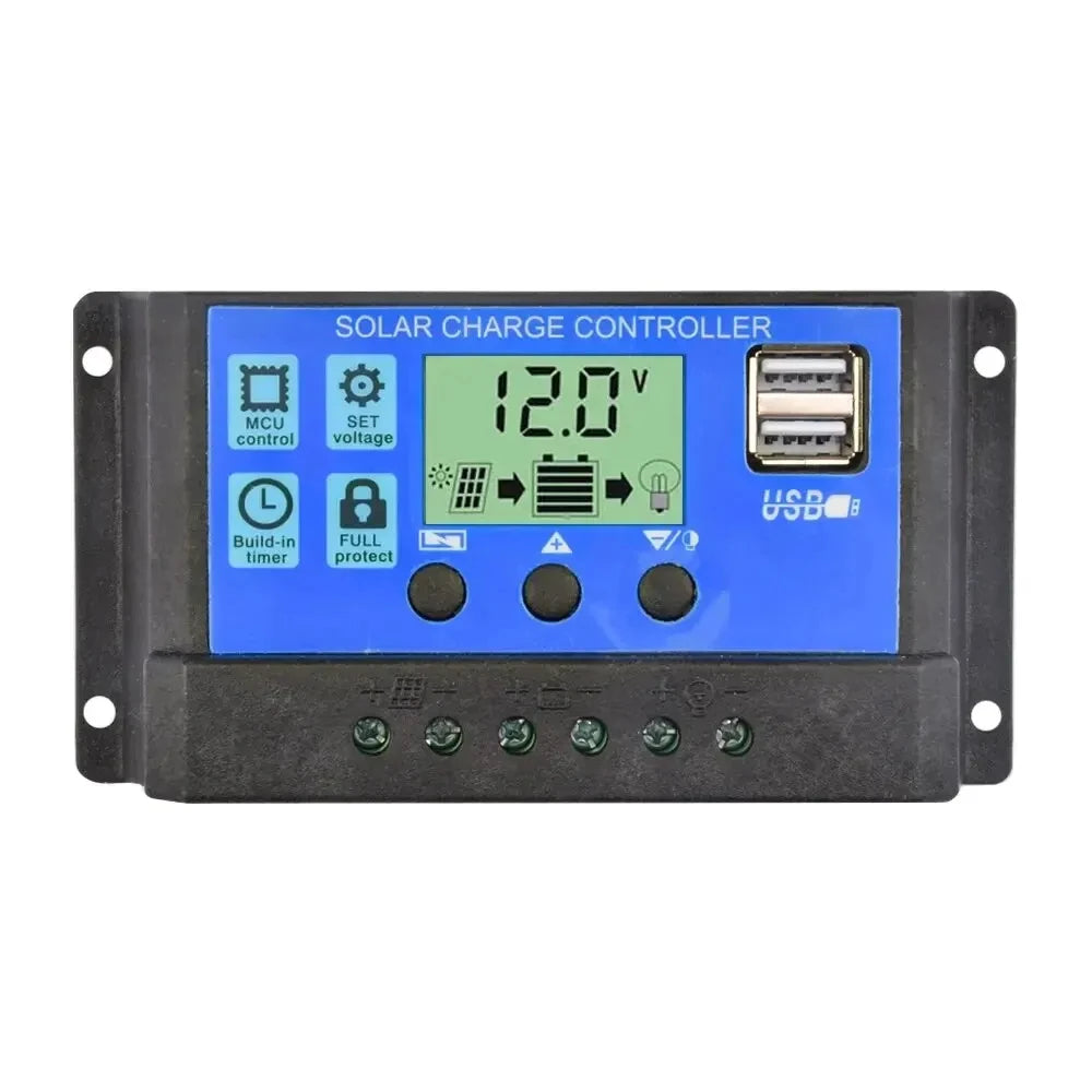 Solar Charge Controller 12V/24V 30A/20A/10A Auto LCD Dual USB 5V Output Photovoltaic Panel Regulator Load Discharger for Renewable Energy Systems