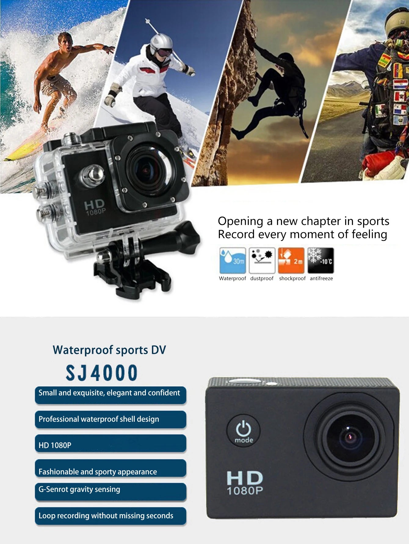 T-WOLF Outdoor Sports Waterproof Camera 1080P HD Mini DV Panoramic 2 Inch Screen Diving Bike Car Recorder for Business