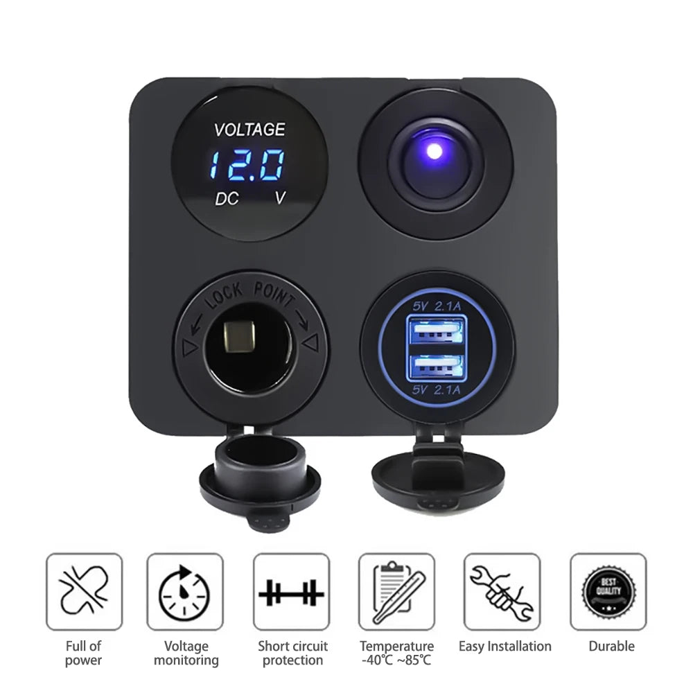 12V USB Panel Socket 4 in 1 Dual USB Charger with Rocker Switch Car Cigarette Lighter Digital Voltmeter for Car Boat Truck RV