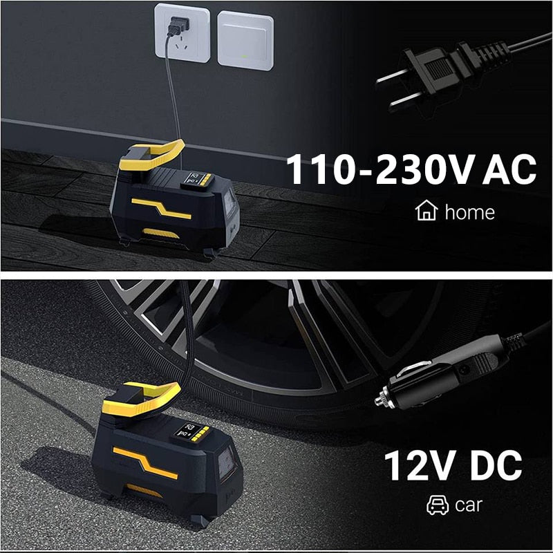 Car Tire Inflator Air Compressor Dual Power 110V-230V AC/DC 12V Digital Portable Electric Air Pump
