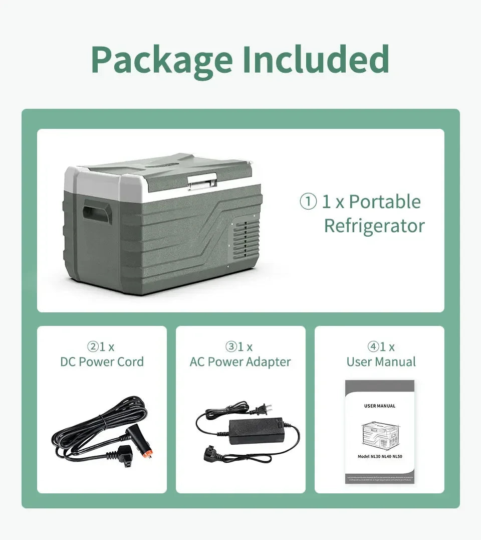 NL 25L, 35L, 45L Car Refrigerator with 12V Compressor - 12/24V DC and 100 - 240V AC Portable Cooler for Camping and Travel