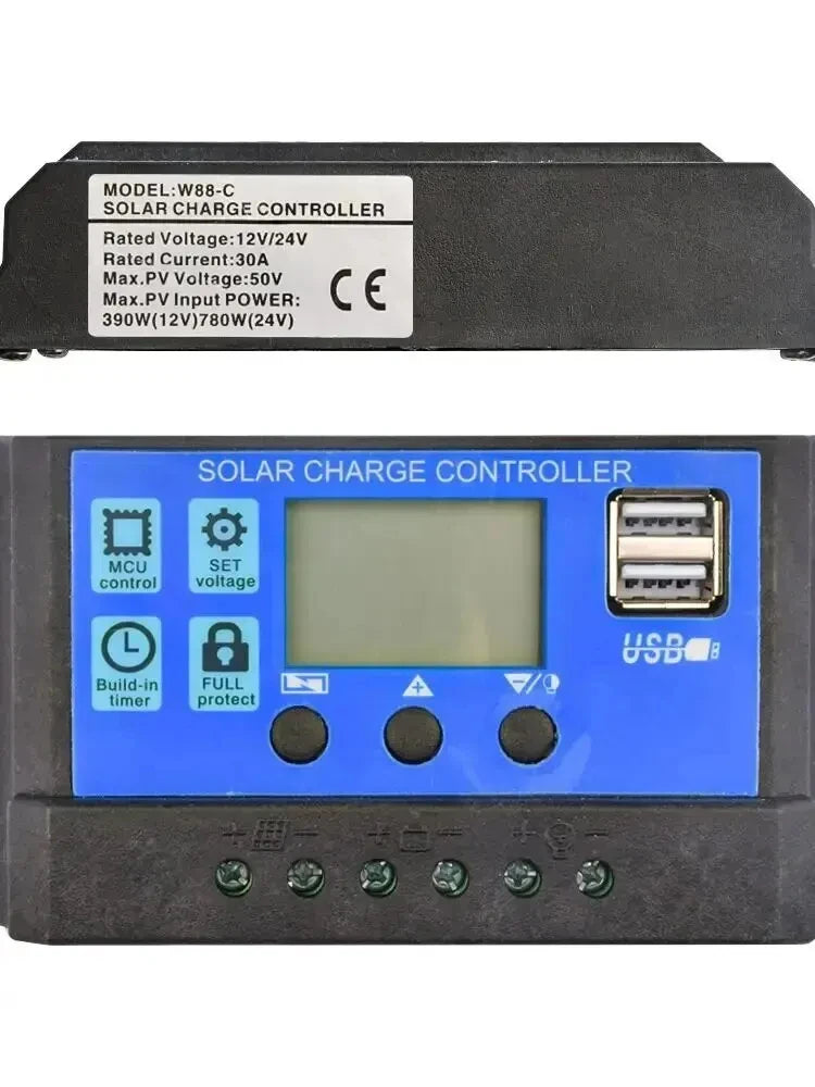 Solar Charge Controller 12V/24V 30A/20A/10A Auto LCD Dual USB 5V Output Photovoltaic Panel Regulator Load Discharger for Renewable Energy Systems