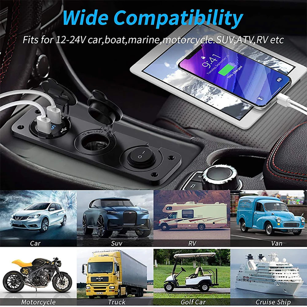 12V Cigarette Lighter Socket 3 in 1 Waterproof Car Dual QC3.0 USB Outlet Panel for RV Marine Boat Power Socket Charger Socket