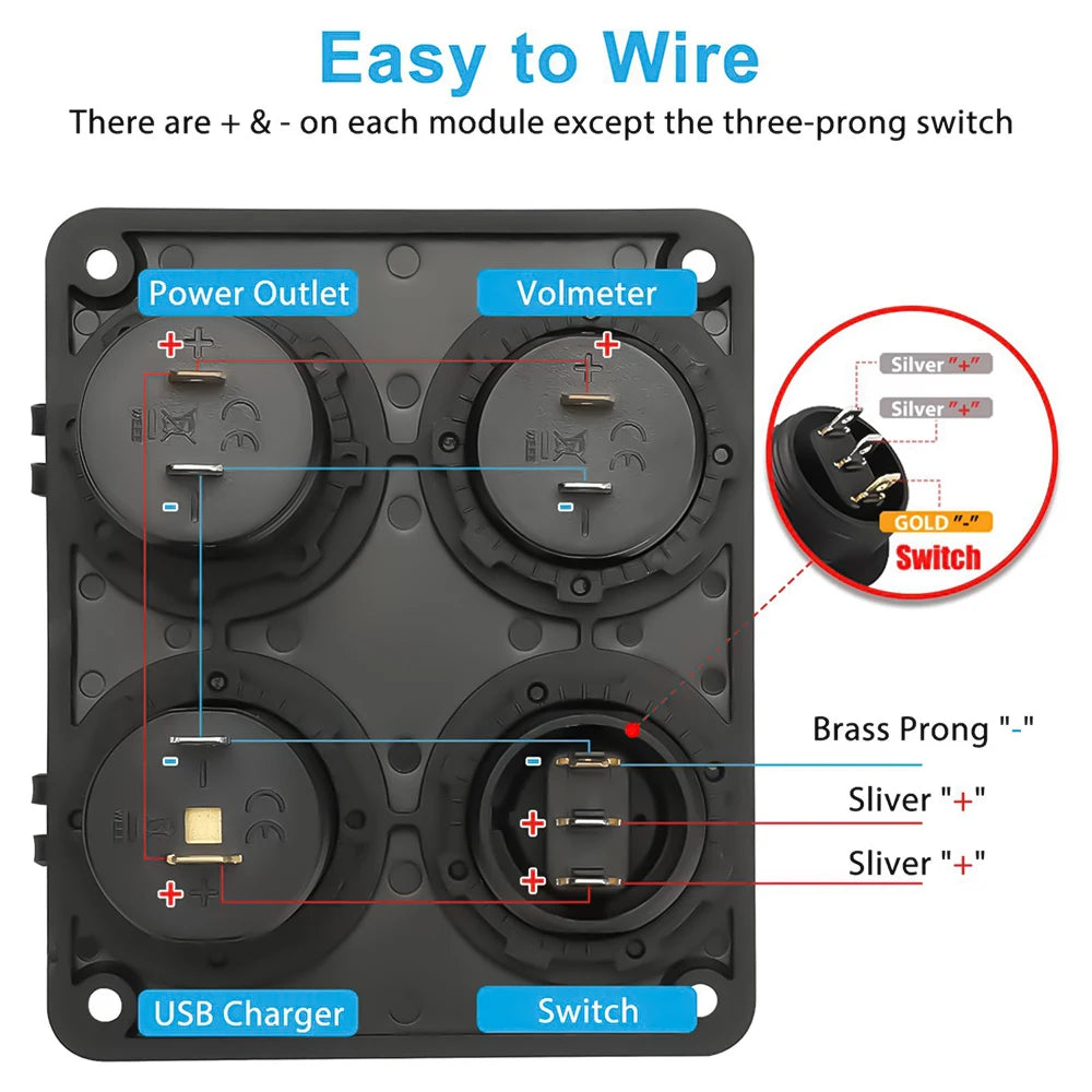 12V USB Panel Socket 4 in 1 Dual USB Charger with Rocker Switch Car Cigarette Lighter Digital Voltmeter for Car Boat Truck RV