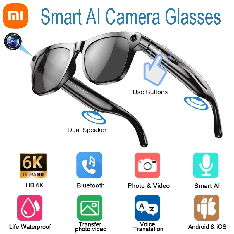 Xiaomi 6k HD Ai Smart Glasses Camera Wearable Mini Camera Bluetooth Call Voice Assistant Control Smart Sports Camera Glasses
