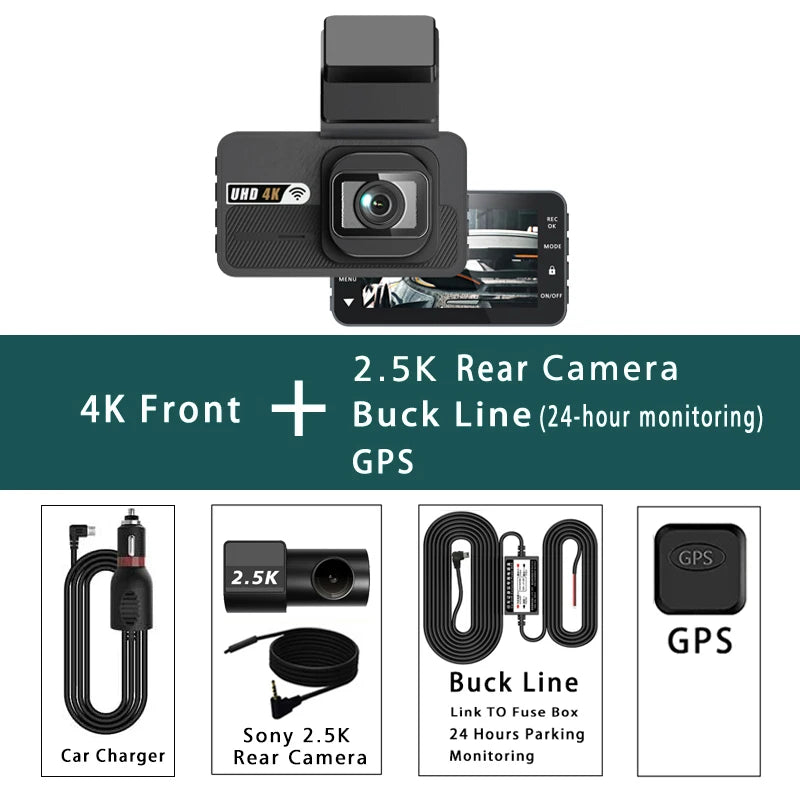 Dash Cam UHD 3840*2160P 4K + 2.5K Dual Lens Car DVR with ADAS 5G WiFi GPS Black Box Video Drive Recorder WDR/HDR Night Vision